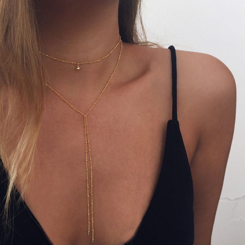 2017 Simple Gold Silver Color Chain Choker Necklace Long Beads Tassel Chocker Necklaces For Women collar